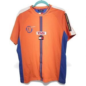 Tommy Sport‎ Orange Blue 85 Graphic T Shirt Mens Size Medium Mesh Accents